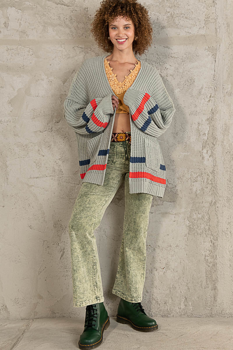 POL Matcha Stripe Open Front Pocket Chenille Oversized Fit Cardigan Sweater - Roulhac Fashion Boutique