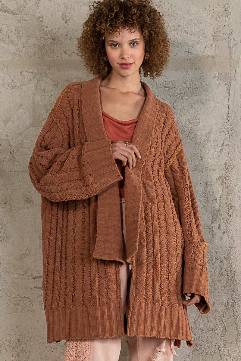 POL Burnt Topaz Shawl Collar Back Patch Chenille Cardigan Sweater - Roulhac Fashion Boutique