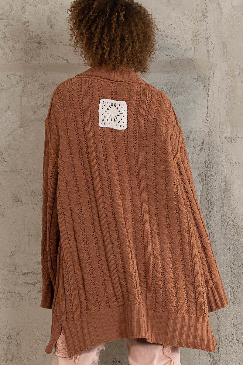 POL Burnt Topaz Shawl Collar Back Patch Chenille Cardigan Sweater - Roulhac Fashion Boutique