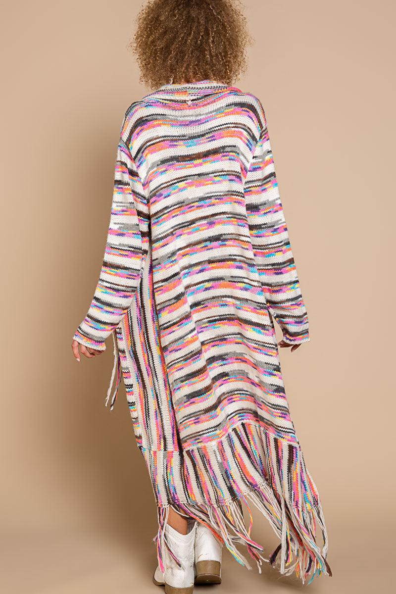 POL Ivory/Pink Multi Open Front Multi Colored Tassel Fringe Cardigan Sweater - Roulhac Fashion Boutique