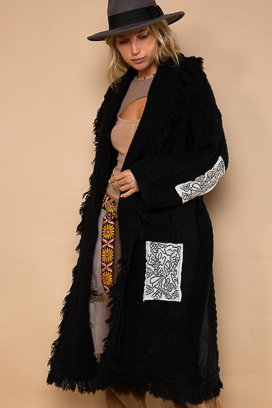 POL Black Frayed Edge Shawl Collar Patch Detail Open Front Cardigan Sweater - Roulhac Fashion Boutique
