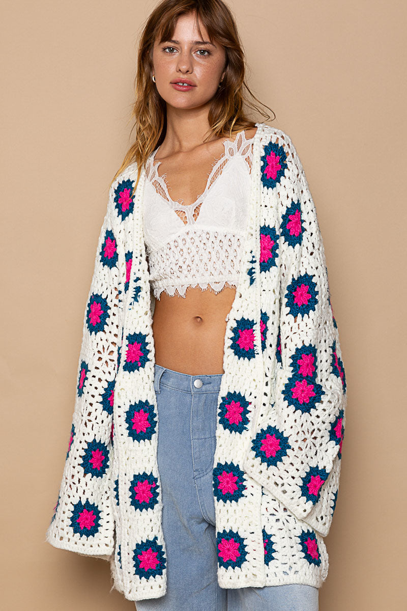 POL Pink/Blue Multi Open Front Hand Knit Square Patterns Cardigan - Roulhac Fashion Boutique