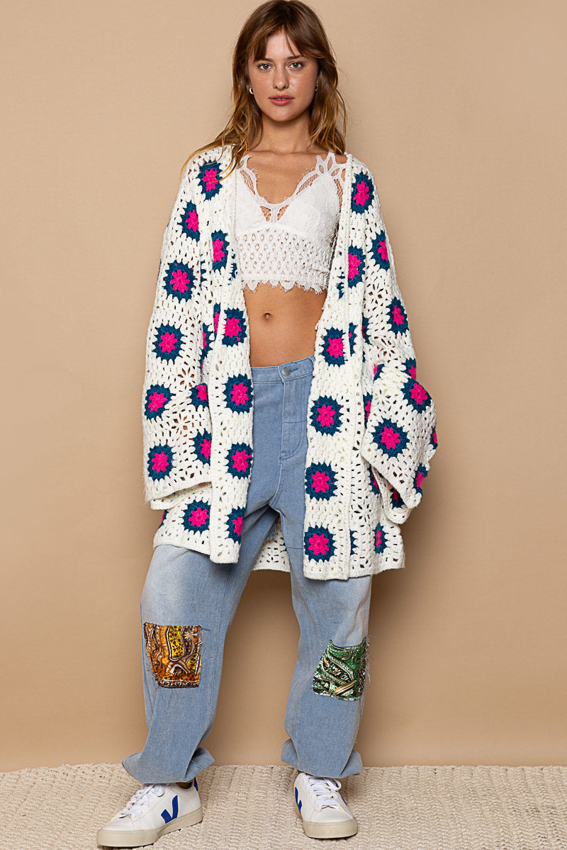 POL Pink/Blue Multi Open Front Hand Knit Square Patterns Cardigan - Roulhac Fashion Boutique