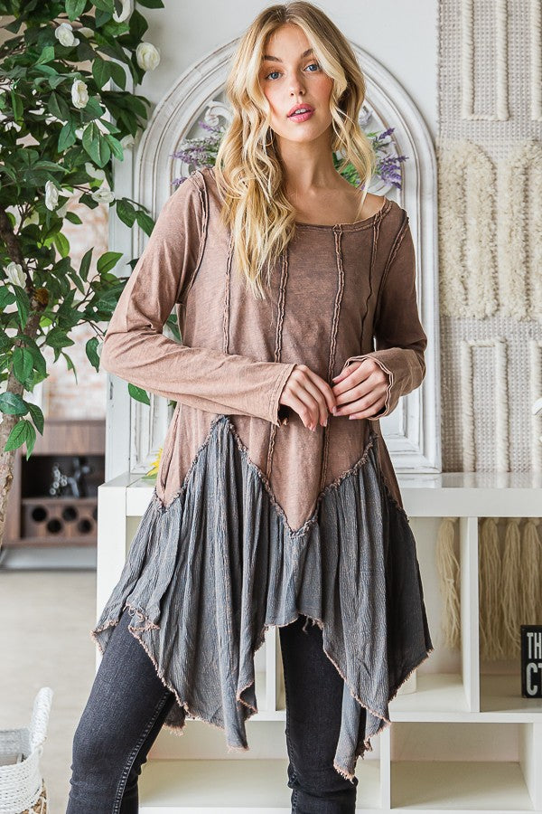 Oli & Hali Washed Fabric Mixed Uneven Hem Tunic Top