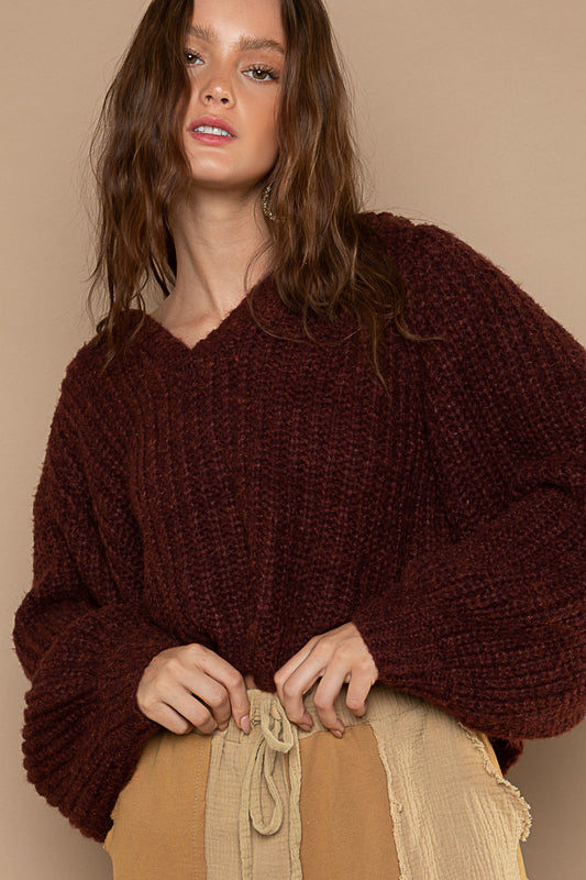 POL Bean Brown V-Neck Balloon Long Sleeves Regular Fit Pullover Sweater - Roulhac Fashion Boutique