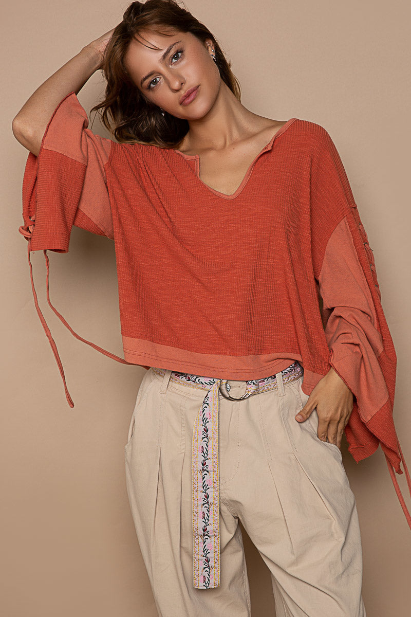 POL Dried Rose Notched Neck Lace-Up Sleeve Color Block Ribbed Knit Oversized Top - Roulhac Fashion Boutique