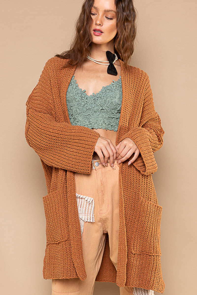 POL Black Dropped Shoulders Pockets Relaxed Fit Out Seam Cardigan Sweater - Roulhac Fashion Boutique