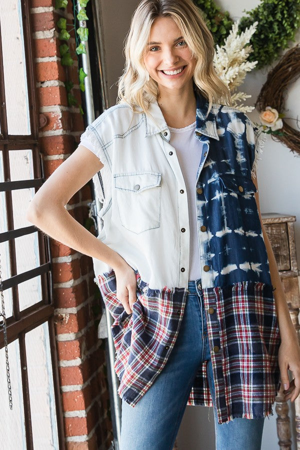 Oli & Hali Washed Denim Mix Plaid Sleeves Shirts Top