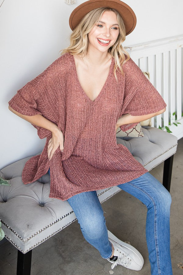 Oli & Hali Low Gauge Loose Fit Solid Knit V Neck Top