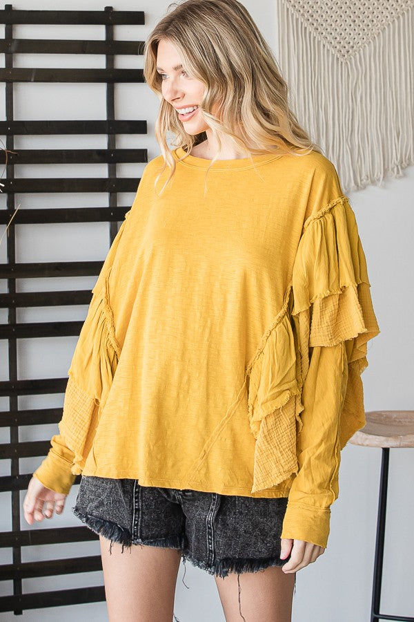Oli & Hali Mineral Washed Ruffle Detail Sleeves Solid Top