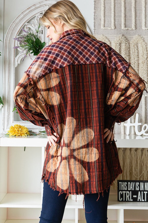 Oli & Hali Bleeched Flower Plaid Button Front Jacket