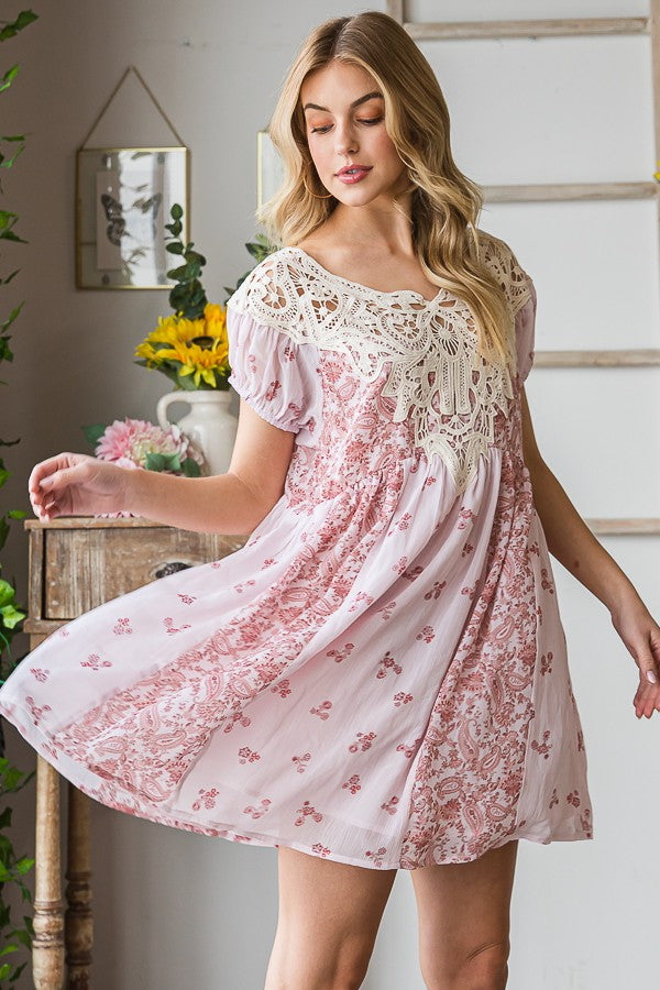 Oli & Hali Crochet Yoke Printed Dress