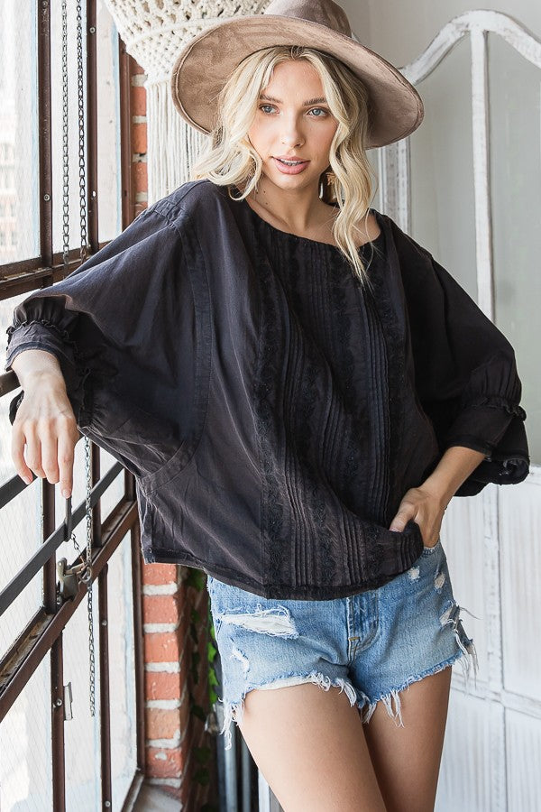 Oli & Hali Mineral Washed Embroidery Detail Front Solid Blouse Top