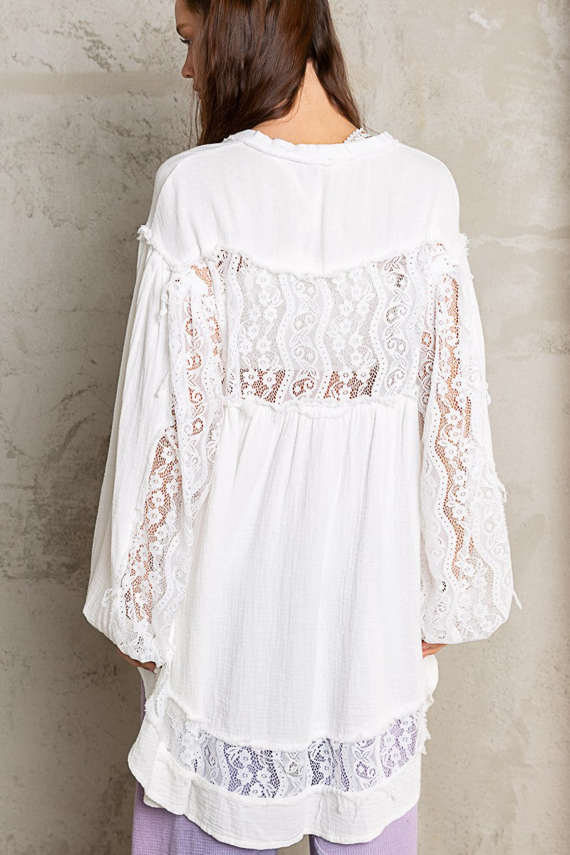 POL Balloon Sleeve Lace Contrast High Low Top