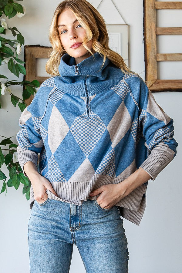 Oli & Hali Argyle Half Zip Up Pullover Sweater Top