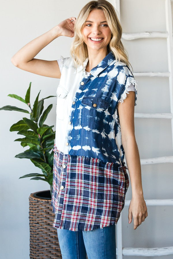 Oli & Hali Washed Denim Mix Plaid Sleeves Shirts Top