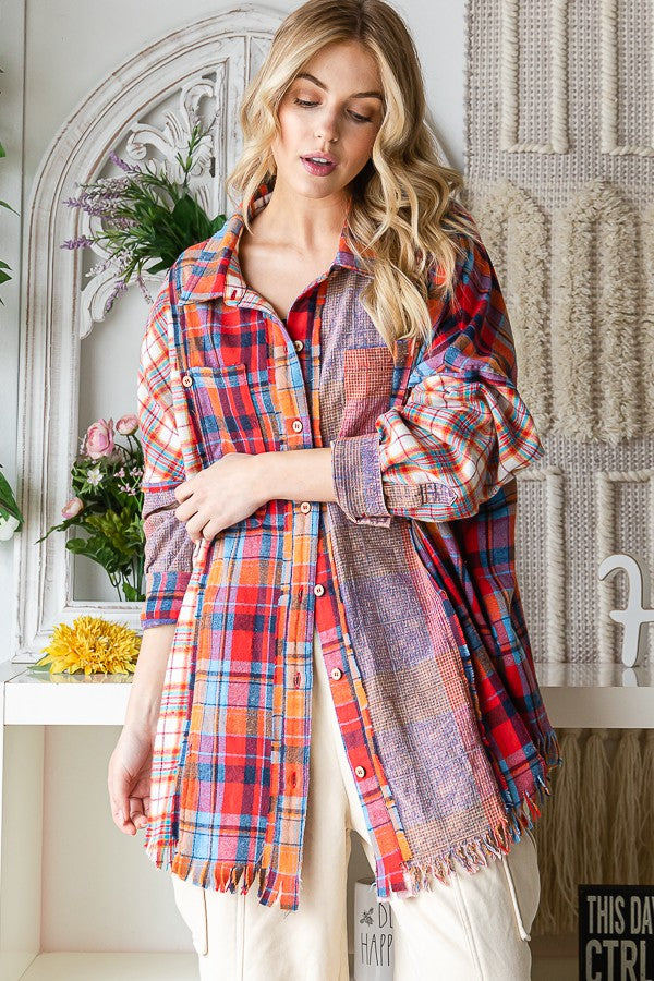 Oli & Hali Washed Plaid Mixed Buttondwon Shirt Jacket