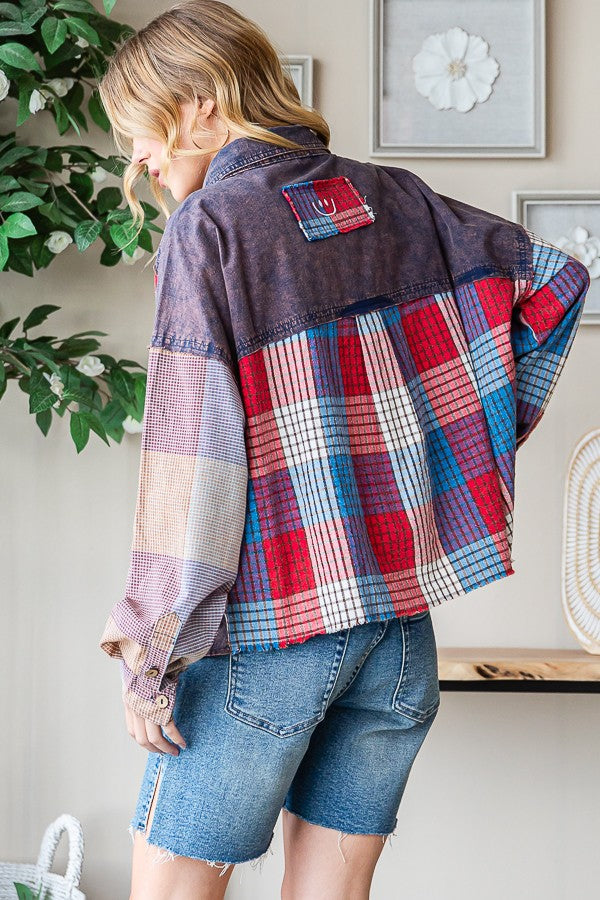Oli & Hali Washed Plaid Mix Shirt Top