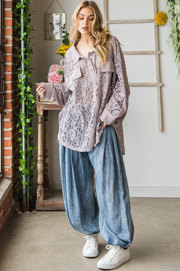 Oli & Hali Washed Lace Waffle Mixed Shirts Top