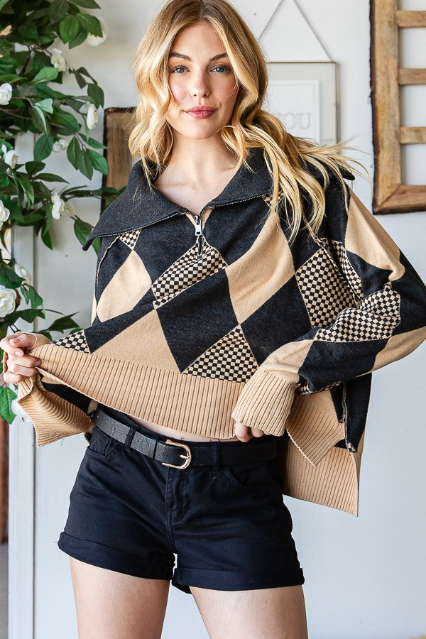 Oli & Hali Argyle Half Zip Up Pullover Sweater Top