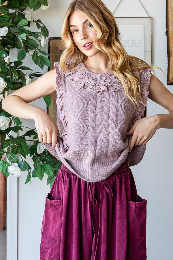 Oli & Hali Cable Knit Sweater Vest With Lace Trim Top