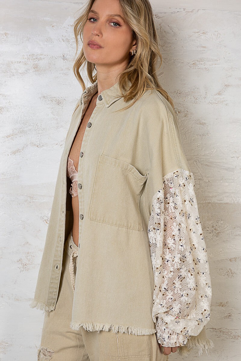 POL Oversize Printed Contrast Lace Sleeve Smock Button Down Shacket - Roulhac Fashion Boutique