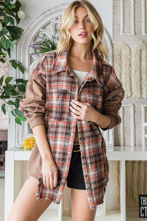 Oli & Hali Washed Plaid Terry Mix Button Front Jacket