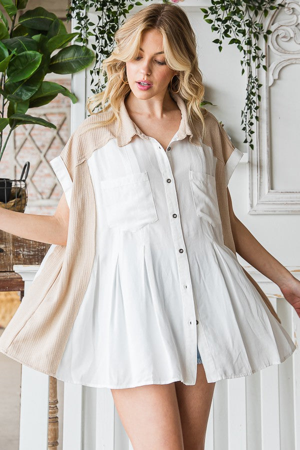 Oli & Hali Pleated Sleeveless Button Front Shirt Top