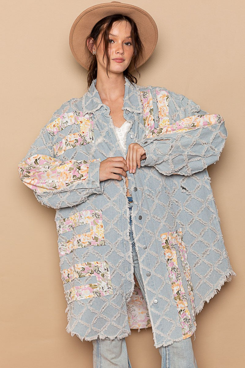 POL Floral Print Frayed Texture Button Down Long Sleeves Shacket - Roulhac Fashion Boutique
