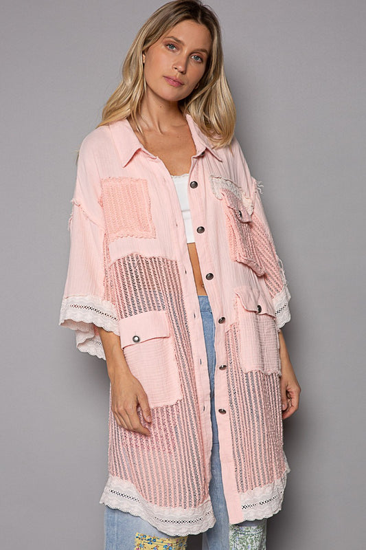 POL Oversize Short Sleeves Openweaving Contrast Relaxed Fit Shacke Jacket