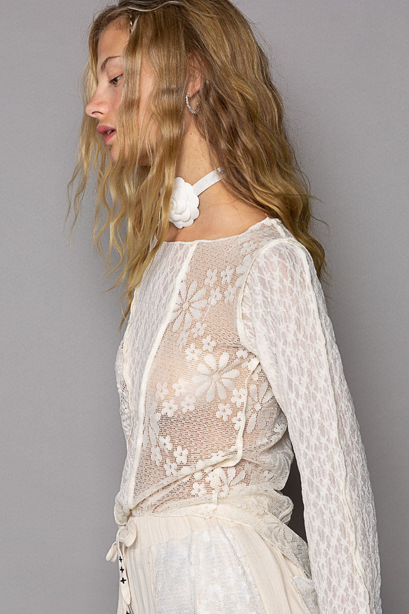 POL Boat Neck Long Sleeve Lace Fabric Solid Knit Top