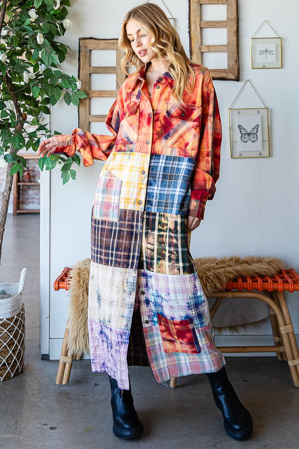 Oli & Hali Washed Plaid Mix Shirt Duster Jacket