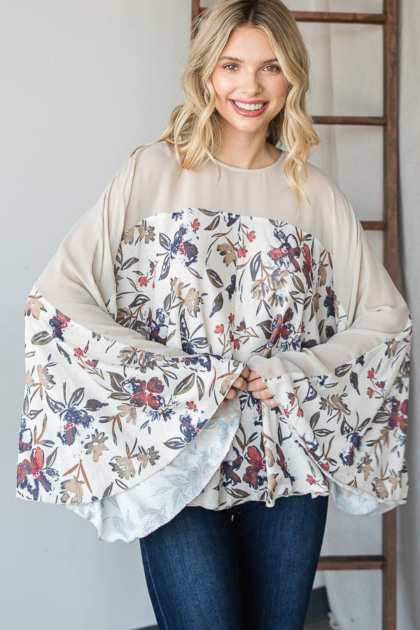 Oli & Hali Floral Print Solid Contrast Bell Sleeves Detail Fl Top