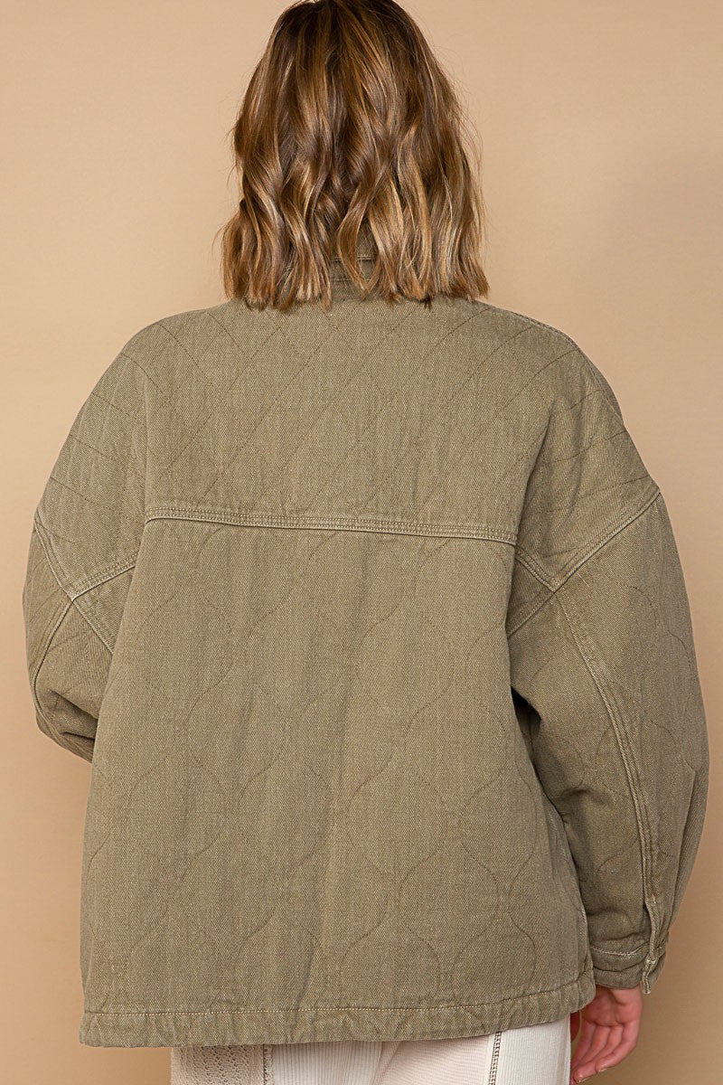 POL Long Sleeve Relaxed Fit Quilted Twill Button Down Jacket