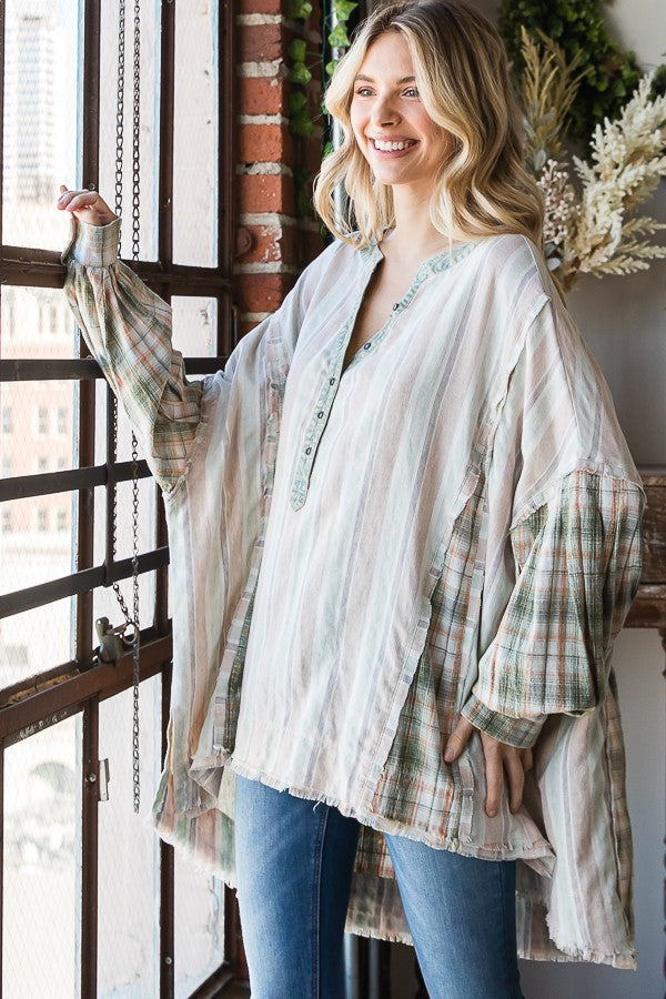 Oli & Hali Mineral Washed Fabric Mixed Henrey Top