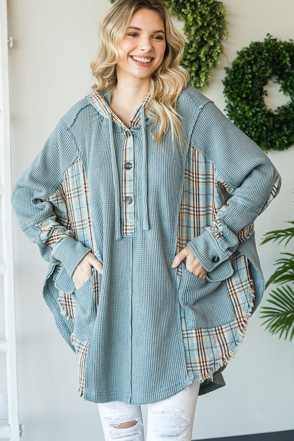 Oli & Hali Mineral Washed Plaid Contrast Waffle Hoodie Jacket
