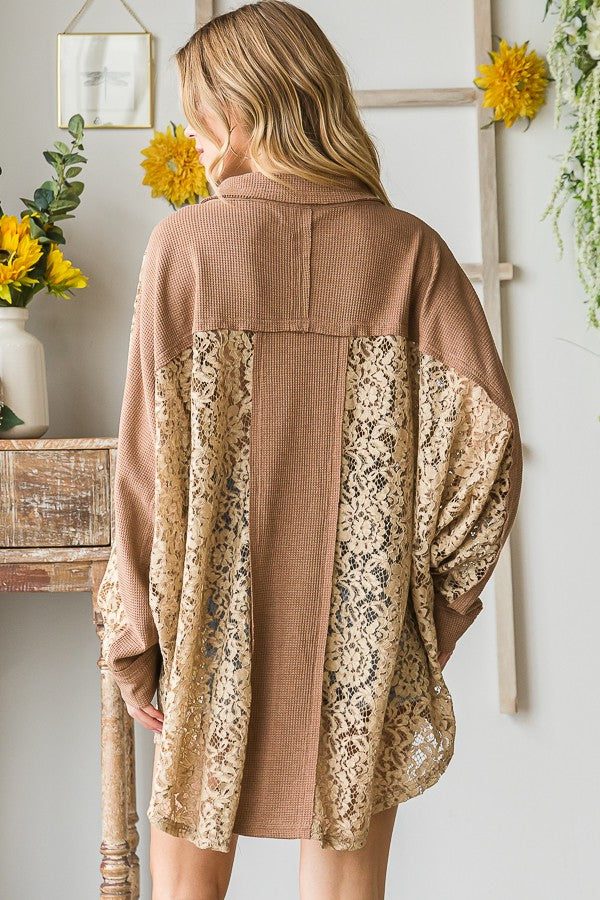 Oli & Hali Washed Lace Waffle Mixed Shirts Top