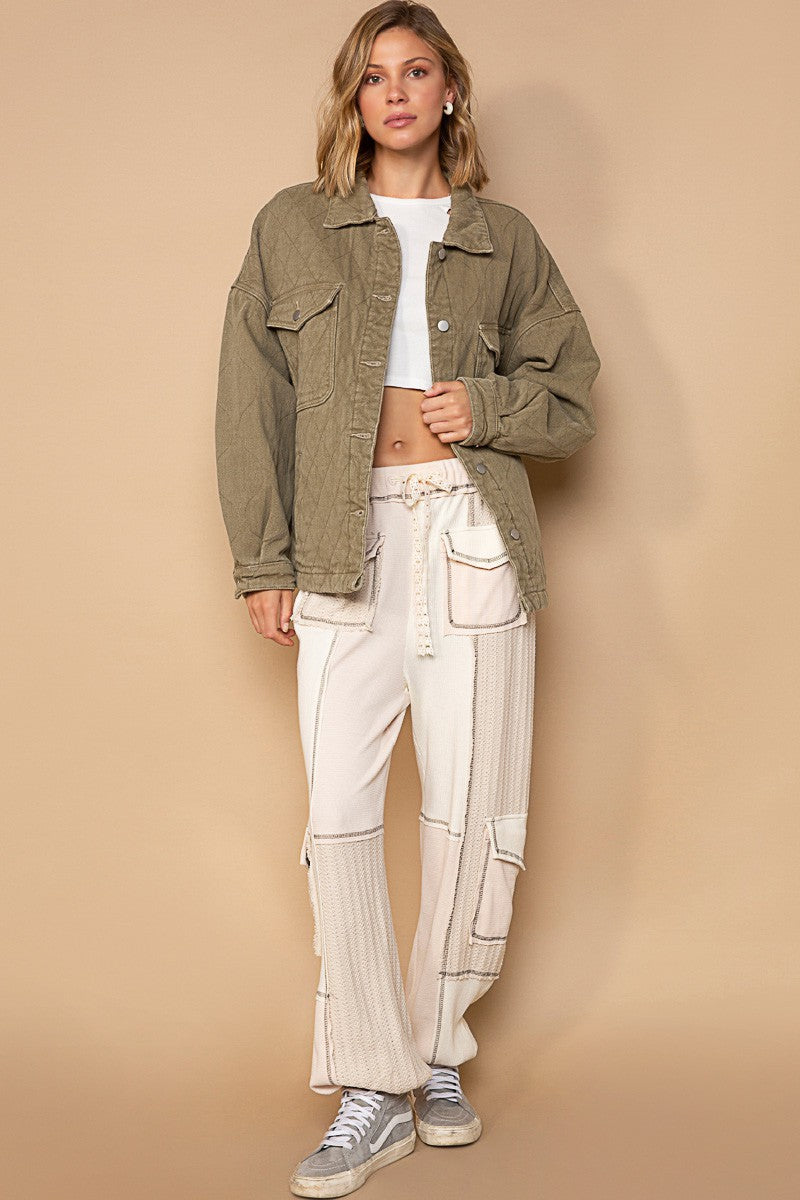 POL Long Sleeve Relaxed Fit Quilted Twill Button Down Jacket