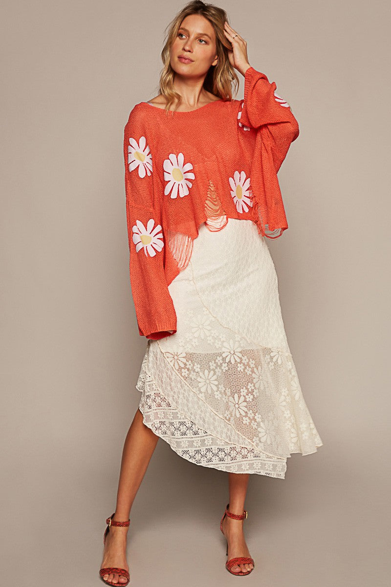 POL Long Sleeve Distress Flower Patches Pullover Top