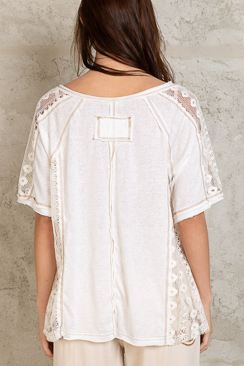 POL Crochet Panel Half Sleeve Open Knit Lace Top