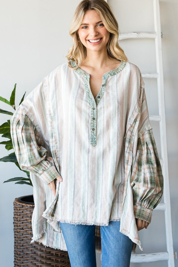 Oli & Hali Mineral Washed Fabric Mixed Henrey Top