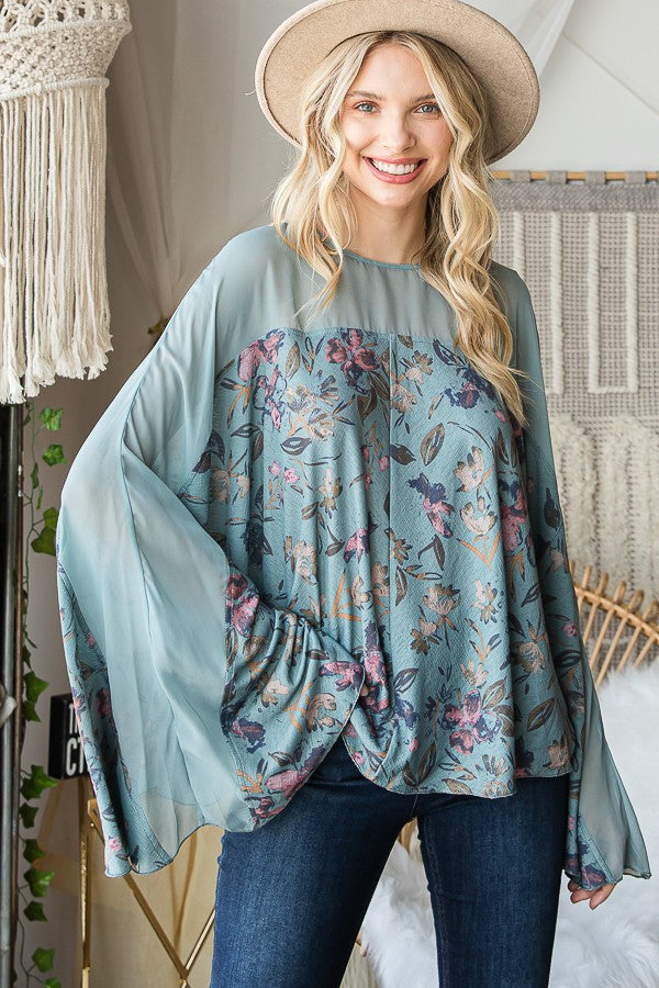 Oli & Hali Floral Print Solid Contrast Bell Sleeves Detail Fl Top