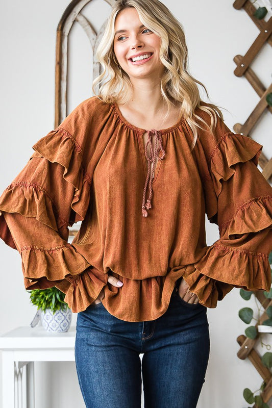 Oli & Hali Washed Ruffle Sleeve Peplum Top
