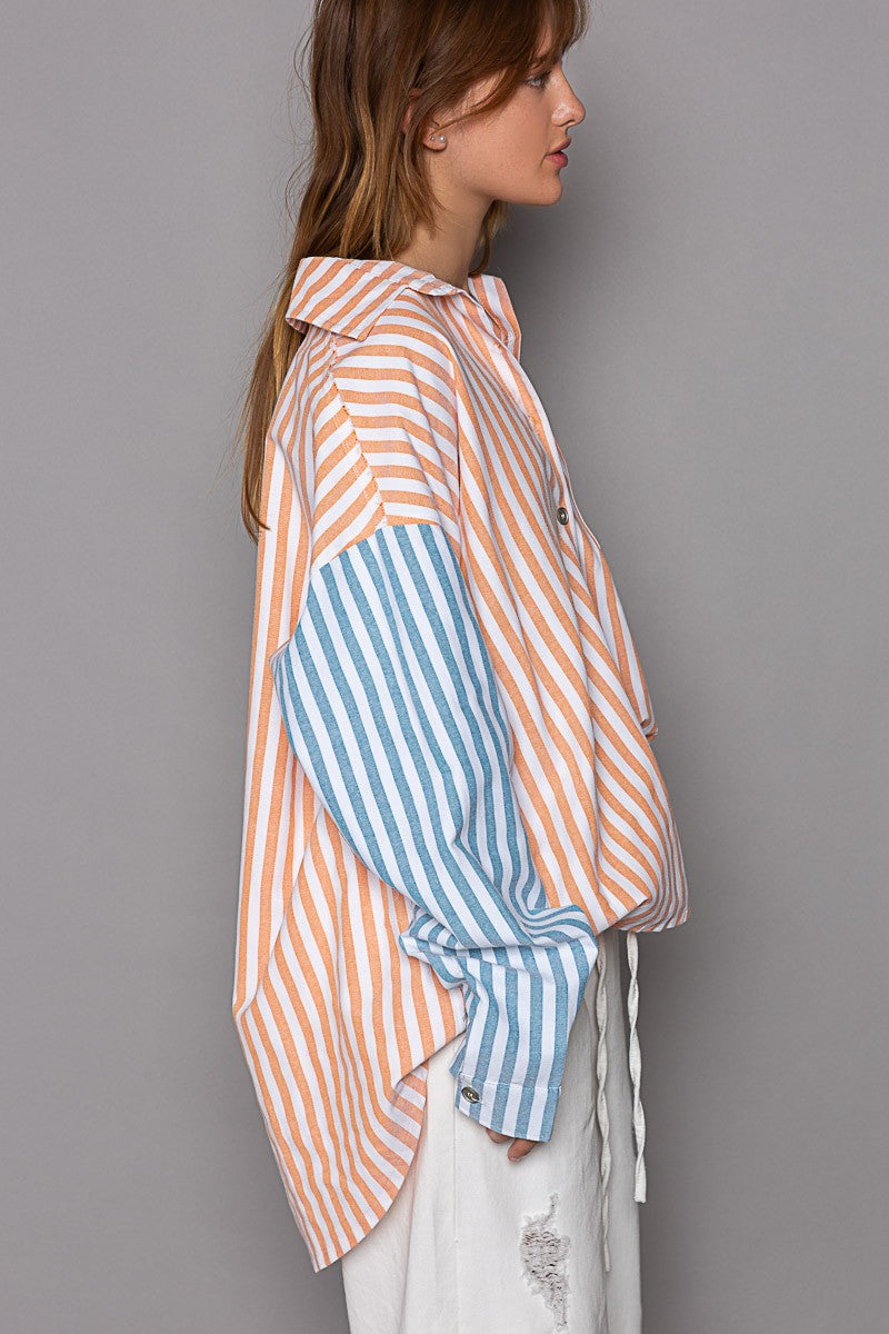 POL Stripe Pattern Long Sleeve Cut Shirt Top