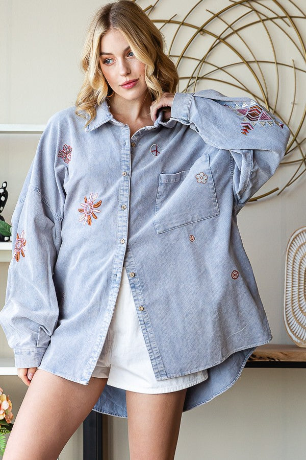 Oli & Hali Washed Embroidery Pincorduroy Shirt Top