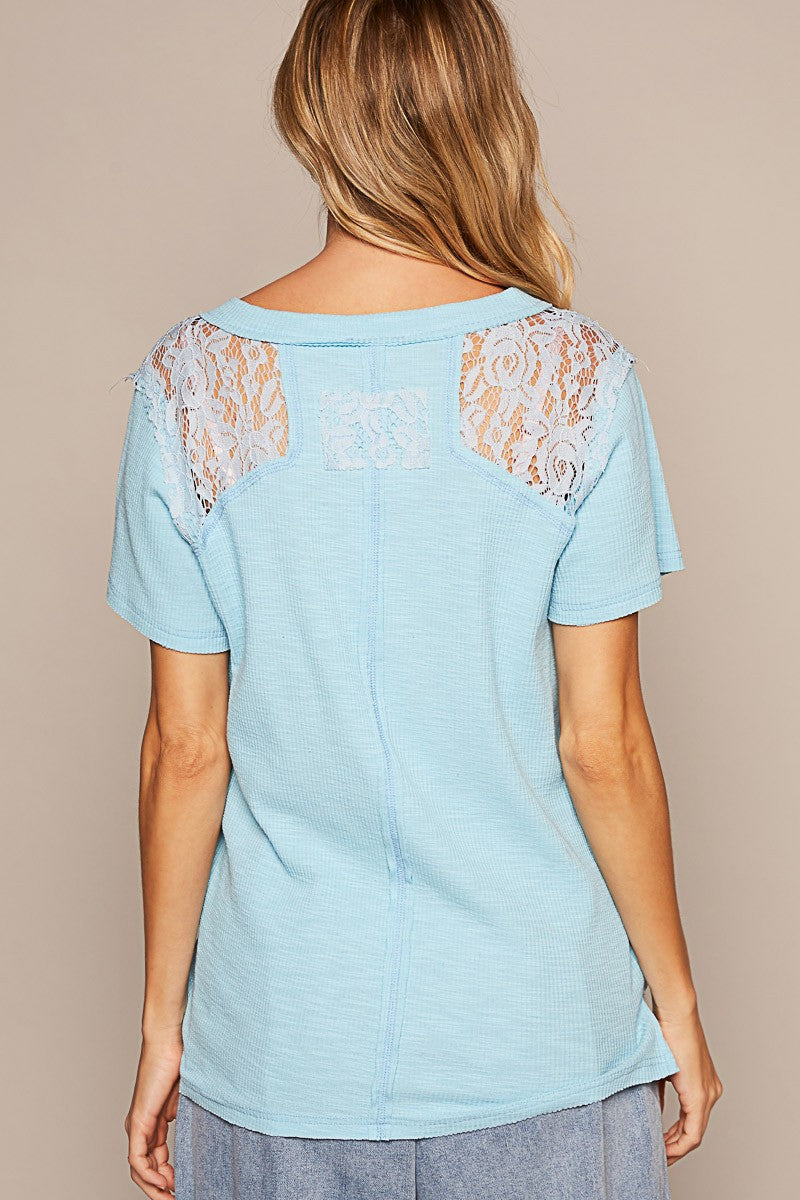 POL V Neck Short Sleeve Lace Trim Raw Edge Knit Top