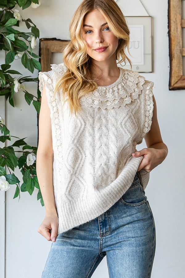 Oli & Hali Cable Knit Sweater Vest With Lace Trim Top
