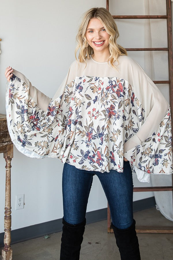Oli & Hali Floral Print Solid Contrast Bell Sleeves Detail Fl Top