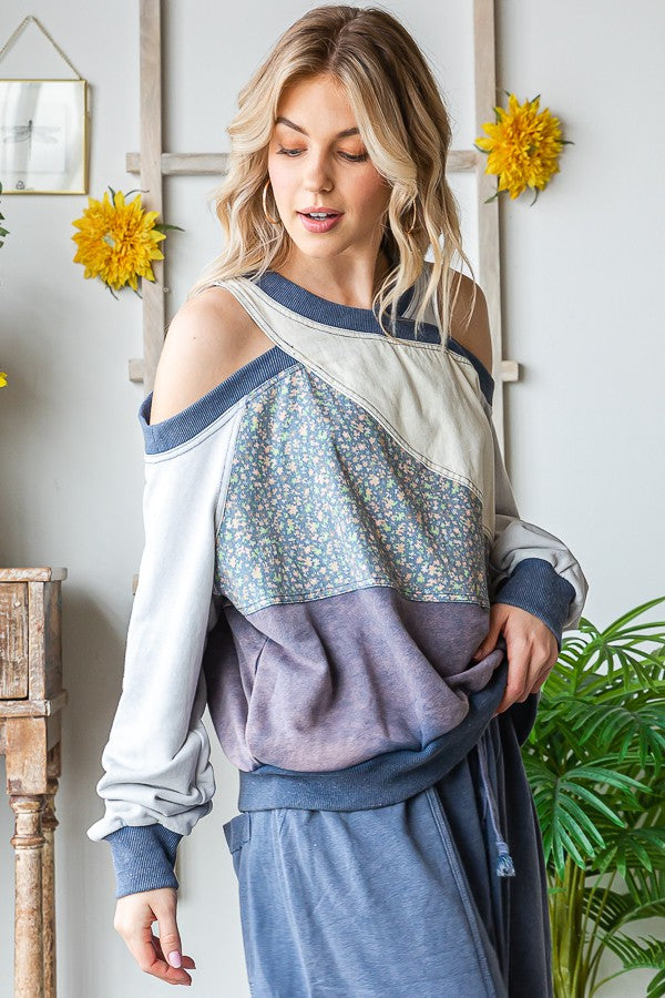 Oli & Hali Washed Fabric Mixed Cutout Shoulder Tunic Top