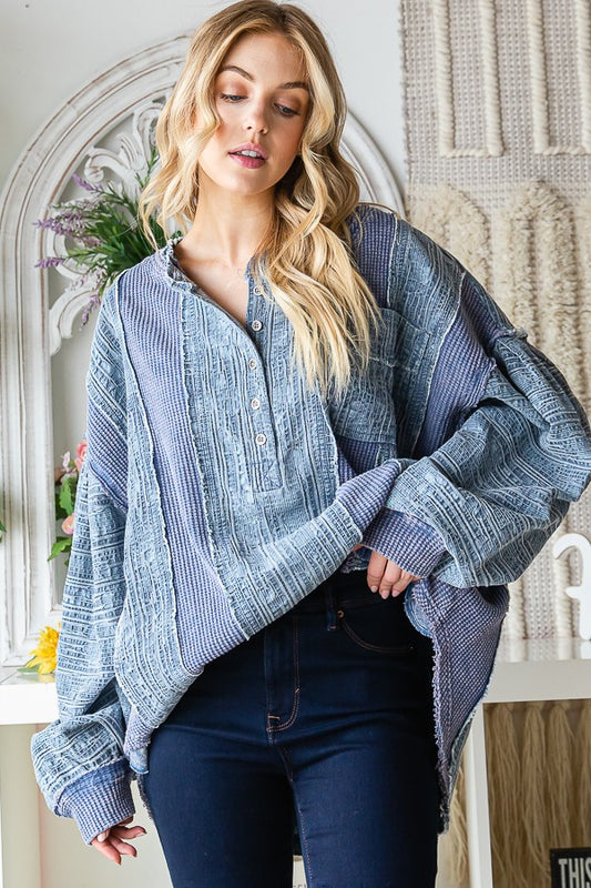 Oli & Hali Washed Fabric Mix Mandarin Collar Top